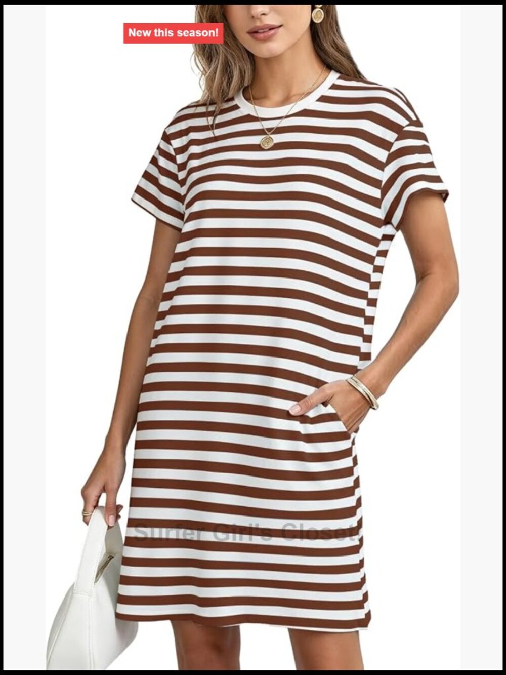 Loose Fit Cotton Striped Shift Mini Dress Short Sleeve Crewneck